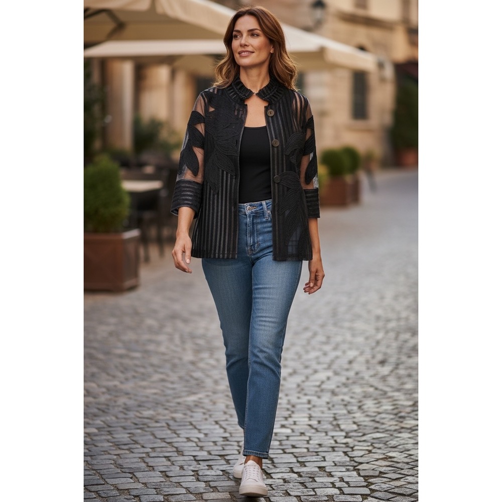 DAMEE Two Tone Soutache Women's Black Sheer Lace Leaf Button Front Jacket Size L